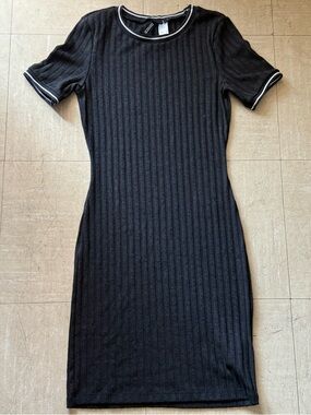 H&M Black Ribbed Midi Dress with White Trim